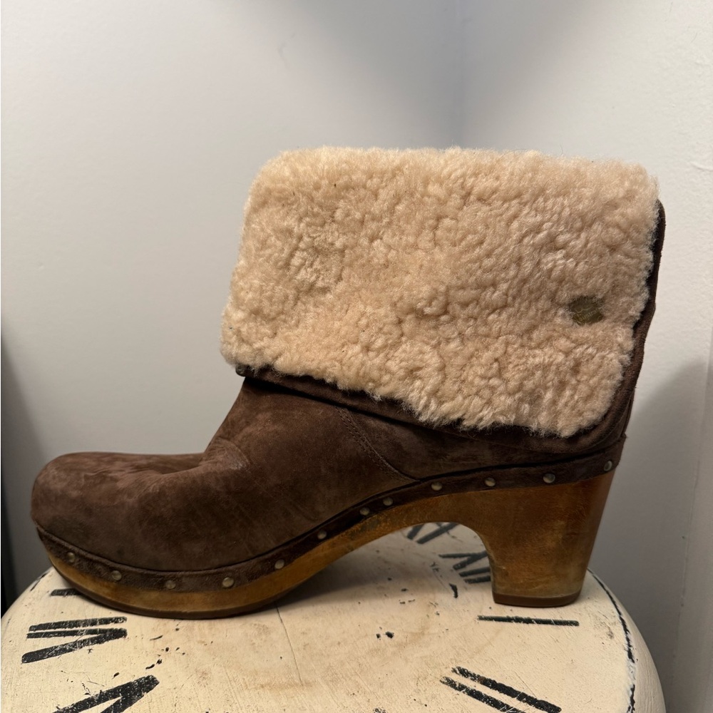 UGG Brown and Cream Shearling Clogs